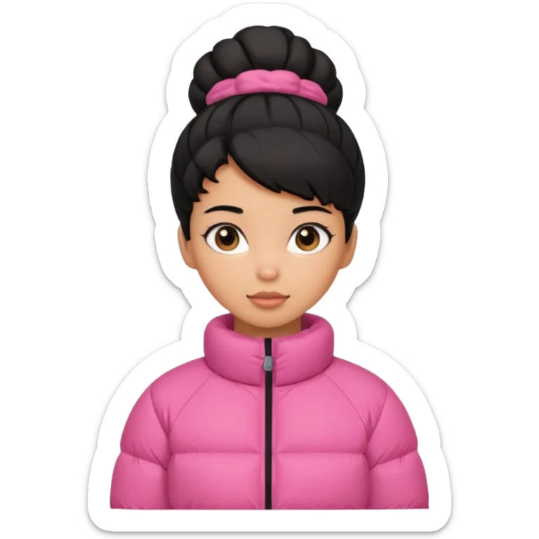 A caramel skinned girl that’s has puffy black hair with her hair up skinny and wears a pink puffer coatb sticker