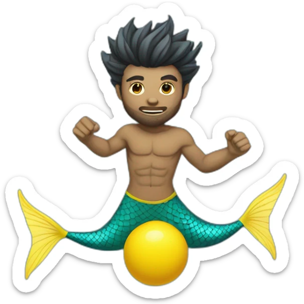 Underwater man mermaid swimming with fins, snorkel equipement, holding a small yellow ball, looking strong and fighting sticker