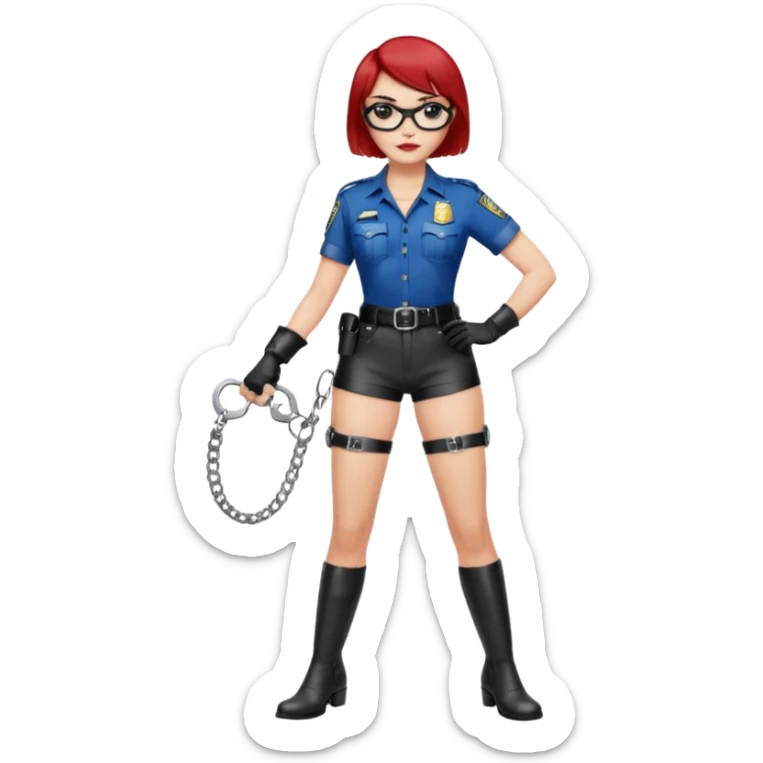 Capelli corti rossi a caschetto
Abbigliamento sexy da agente di polizia
Camicia sbottonata 
Pantaloncini aderenti in pelle
Calze al ginocchio sensuali
Manette in mano 
Stivaletti lucidi neri
Guanti corti di pelle
Occhiali scuri
Cinturone alla vita sensuale
Sguardo seducente  sticker