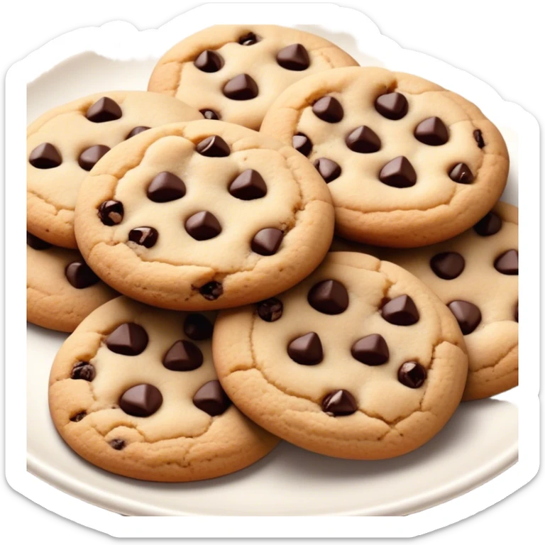 Cinematic Realistic Cookies Dessert Emoji, showcasing a plate of freshly baked cookies with gooey chocolate chips rendered with lifelike textures and warm, homey lighting. sticker