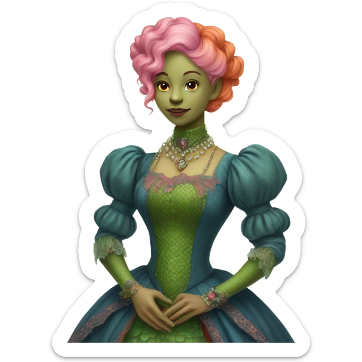 a green reptilian woman in Victorian orange and blue dress, pink hair,holdig, red big hearth, full body sticker