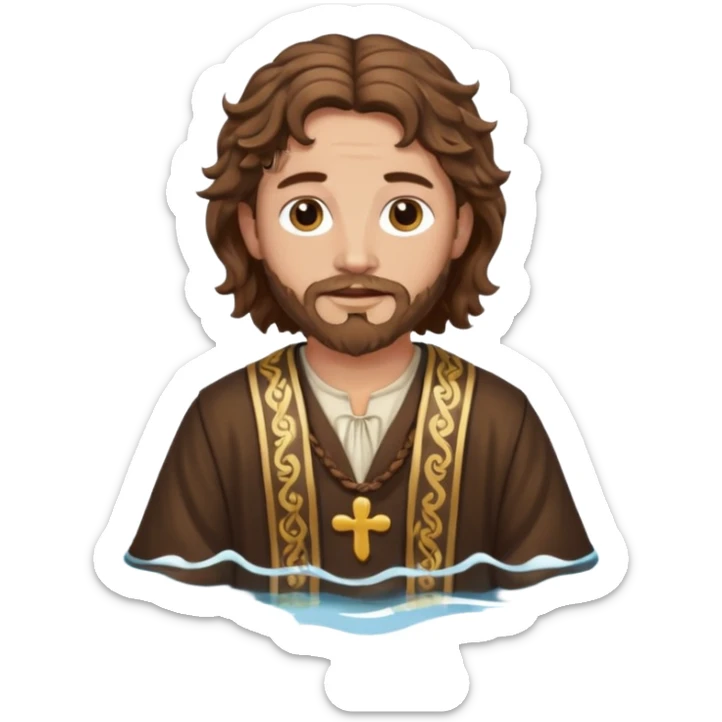 John the Baptist with wavy hair, traditional saint clothes, in water, emoji style sticker