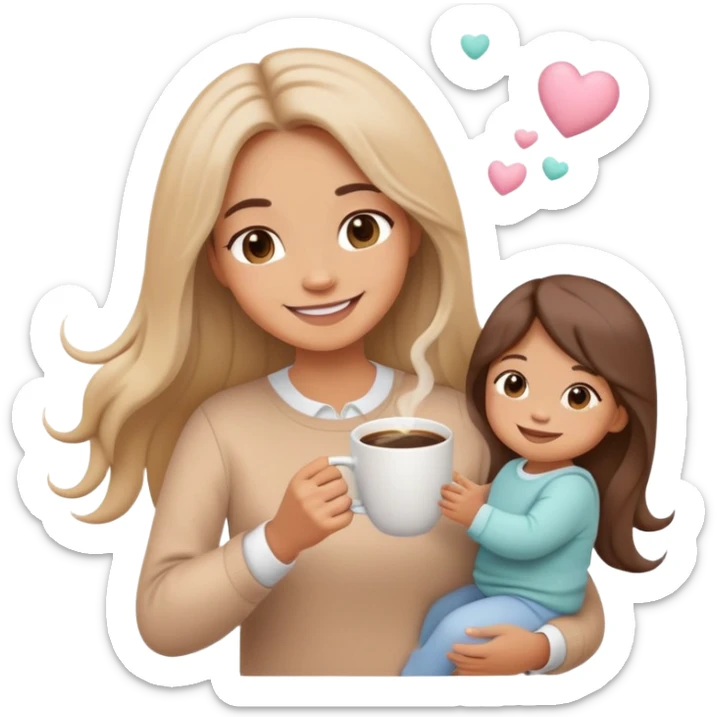 A cute cartoon-style emoji of a smiling woman with long hair juggling a toddler, a baby, and a cup of coffee, soft pastel colors, minimalistic design, perfect for Instagram stories sticker