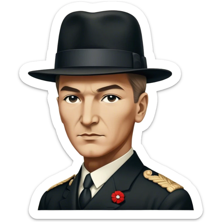 ​Cinematic Realistic Portrait of a Young Mustafa Kemal Atatürk, depicted in his iconic tall black hat and traditional attire with a confident, visionary expression, rendered with rich historical textures and warm, inspiring lighting that captures his youthful dynamism and transformative leadership, sticker