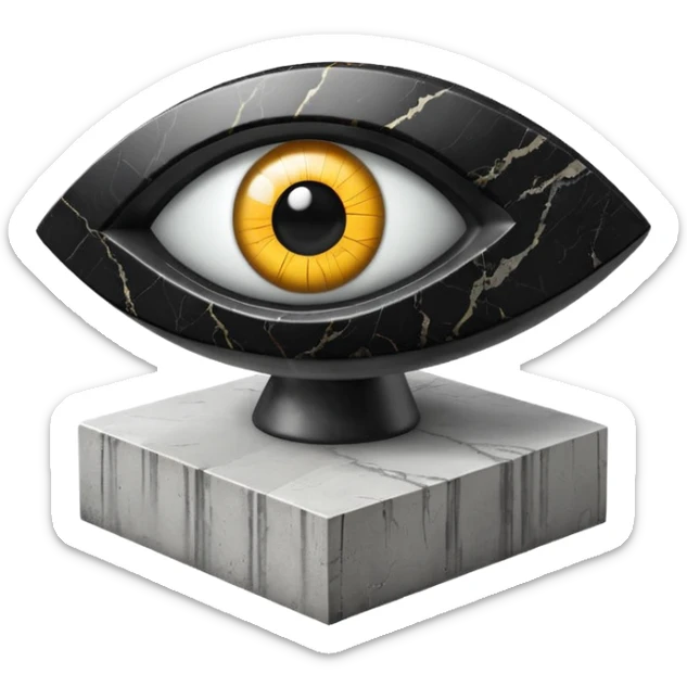3D isometric icon, polished black marble eye on a concrete pedestal, minimalist brutalist style, cinematic lighting, black background. sticker