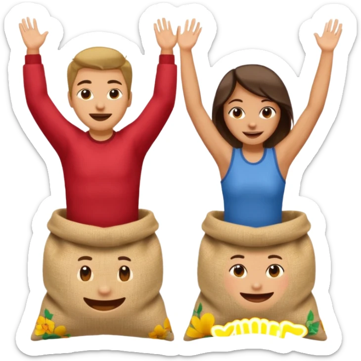 two people jumping in burlap sacks, one holding the sack, the other with arms raised in the air sticker