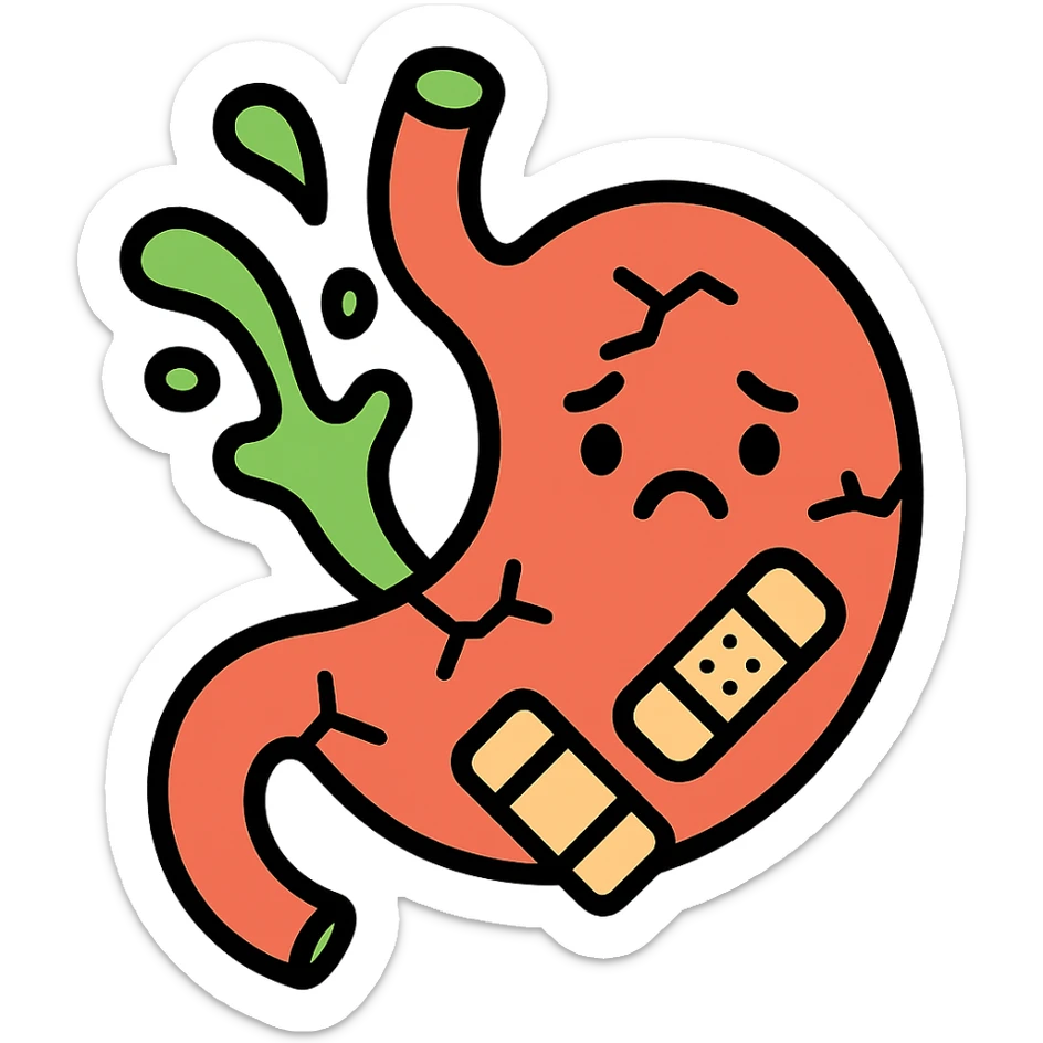 cartoon icon of a stomach character with cracks or holes, sad face, acid splashes, bandages, cute but informative medical style sticker