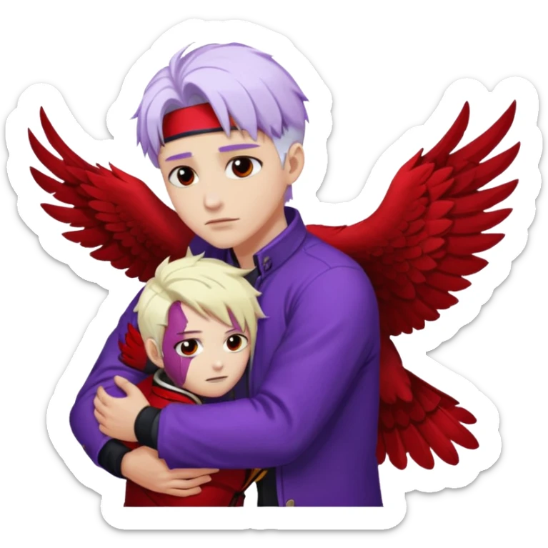 dabi with purple skin graft scars white hair hugging hawks blonde hair red wings sticker