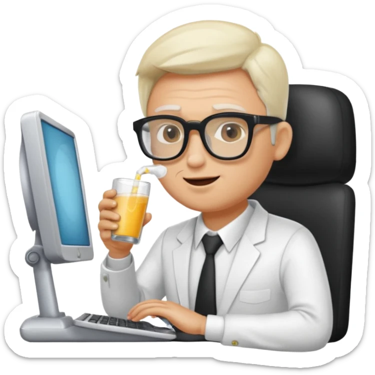 Hombre blanco con gafas tomando un refresco frente a un ordenador sticker