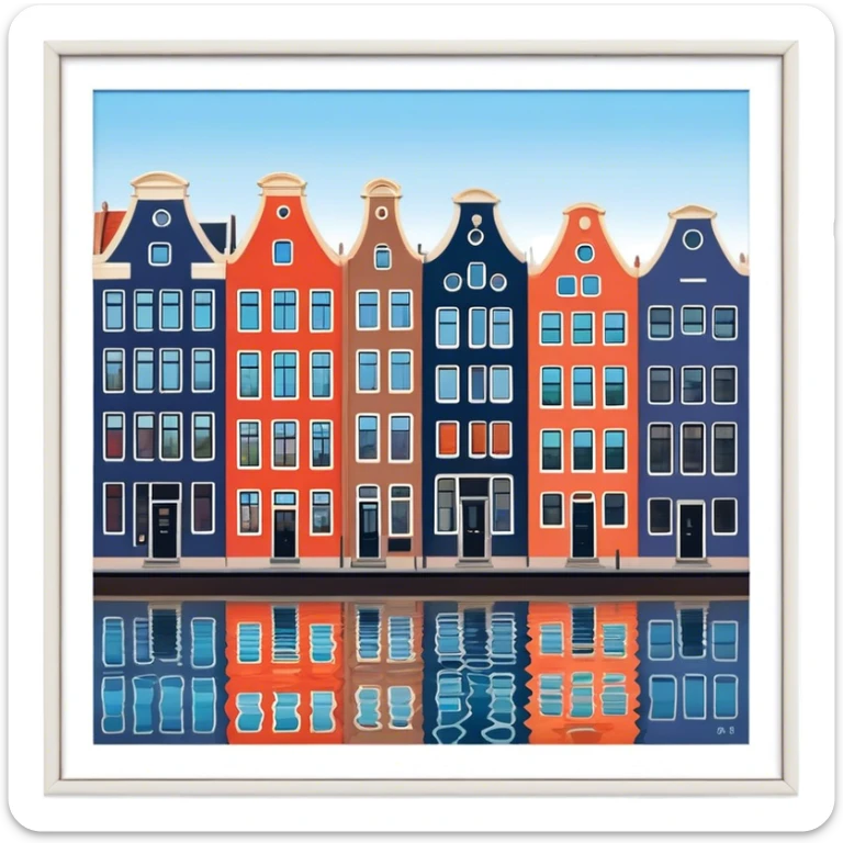 Cinematic Realistic Amsterdam Canal Houses Landmark Emoji, featuring narrow, gabled facades in vibrant colors reflecting on the calm canal waters. sticker