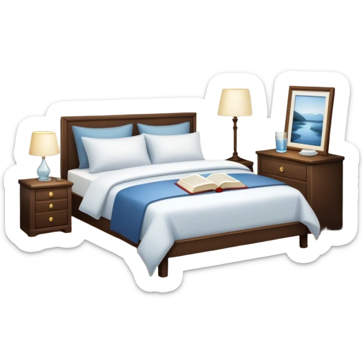 A dimly lit white bedroom. The bed is neatly made, and a glass of water sits beside a book on a cozy nightstand. Soft lighting signals a peaceful wind-down, representing the calm and control that comes from reclaiming your evenings. sticker