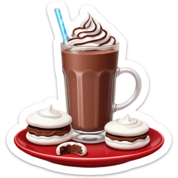 A glass of chocolate milk sits on a red saucer surrounded by chocolate cookies and sugar meringues. sticker