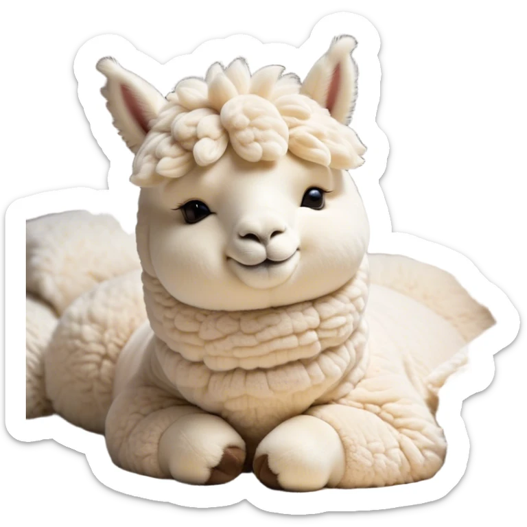 Meme-Worthy Cute Sleeping Cream Alpaca Portrait Emoji, Head resting peacefully with a contented smile, showcasing a delightfully robust build and a luxuriously soft cream fleece, eyes shut in a serene nap, Simplified yet hilariously adorable features, highly detailed, glowing with a soft, drowsy light, high shine, relaxed and utterly lovable, stylized with an air of playful laziness, bright and heartwarming, soft glowing outline, capturing the essence of a comically sleepy alpaca, so meme-worthy it feels like it could instantly become the next viral sensation of adorable slumber! sticker