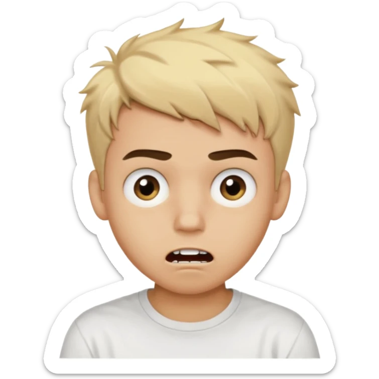 Male Teenager with Short buzz, messy blonde hair, Dark brown bushy eyebrows large expressive golden-brown eyes, wearing a plain white t-shirt, Dark Brown skin color, Confused mouth gape showing teeth sticker