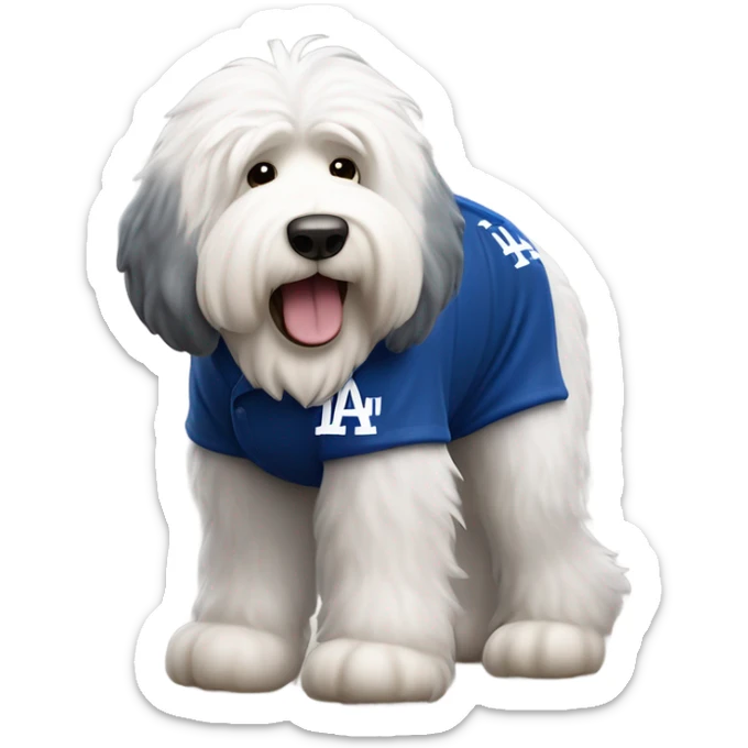 Old English Sheepdog full height wearing a Los Angeles dodgers shirt baseball sticker
