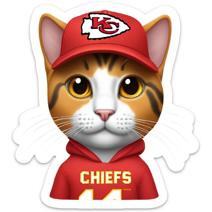 Calico cat wearing KC chiefs hoodie and chiefs ball cap sticker