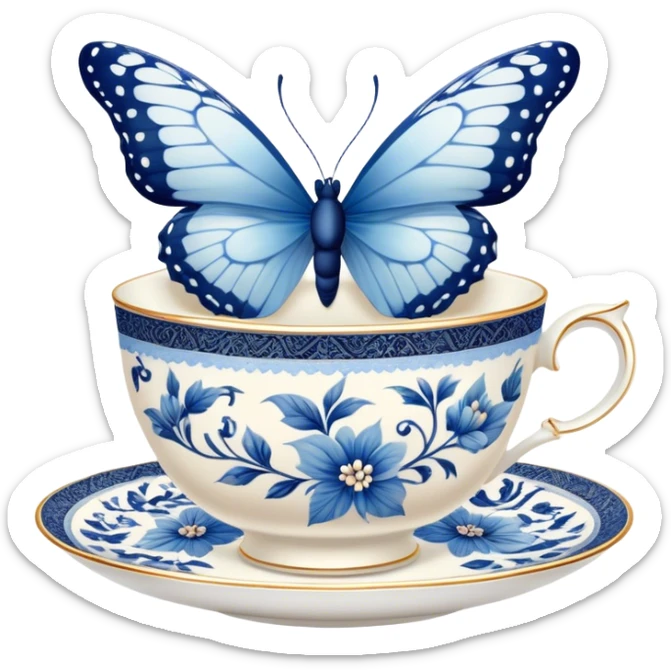 A delicate butterfly with navy wings, resting on the edge of a perl porcelain teacup adorned with intricate pastel blue floral patterns. sticker