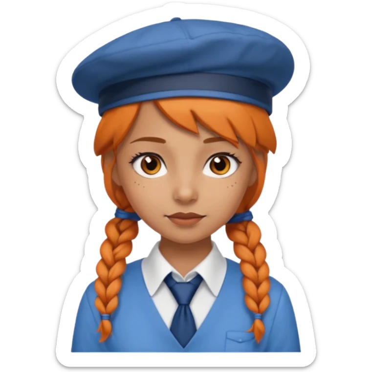 orange braided hair girl, wearing white shir, a brown berret Hat, Blue Necktie sticker