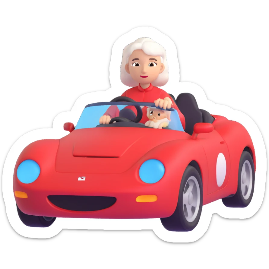 mother with white hair driving a red sports car sticker