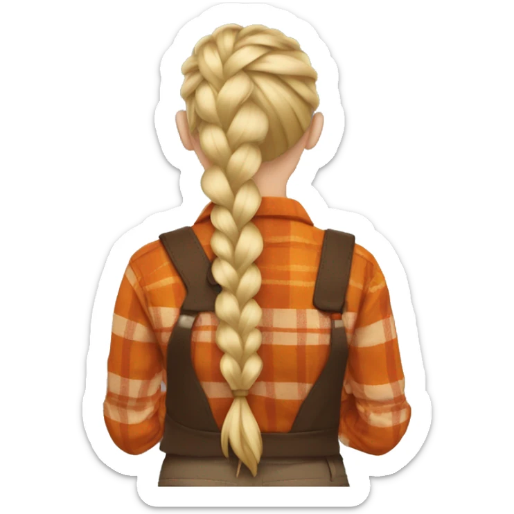 Woman with her back turned with blonde hair braided wearing a brown and orange flannel sticker