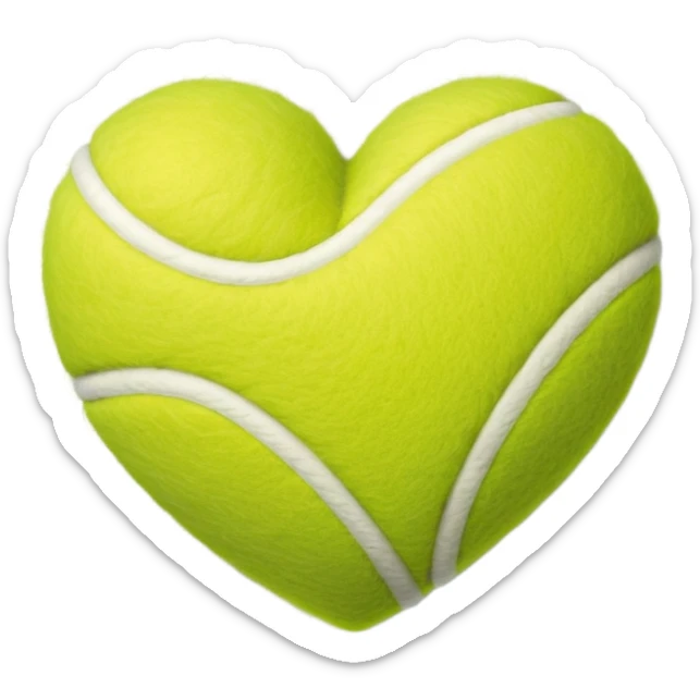 heart shape made of tennis ball material with the characteristic green fuzzy felt texture and white curved seam lines, clean polished iOS emoji style sticker