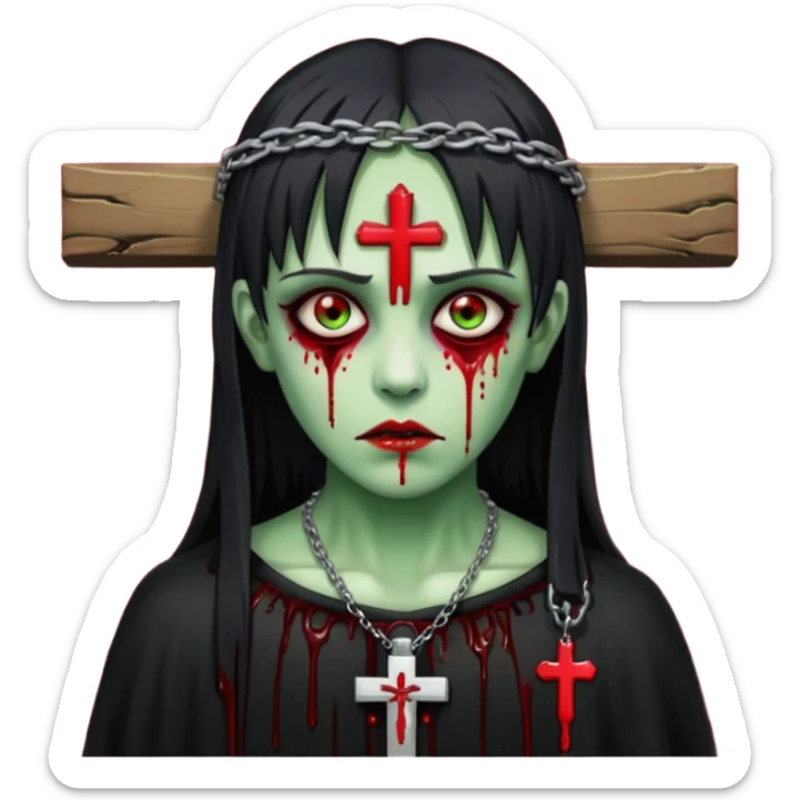 zumbi verde com olhos vermelhos sangrando e franja roupa preta e um crucifixo como colar sticker