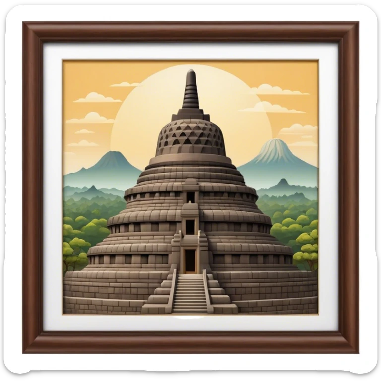 Cinematic Realistic Borobudur Landmark Emoji, showcasing the majestic ancient Buddhist temple rendered with intricate textures and serene, historic lighting. sticker