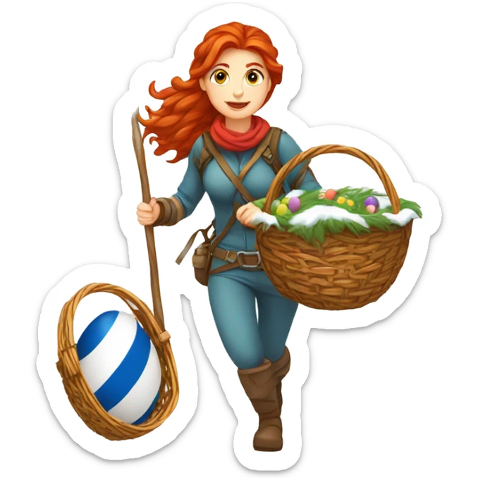 red hair female winter mountaineer climbing with Easter eggsbasket and Greek flag sticker
