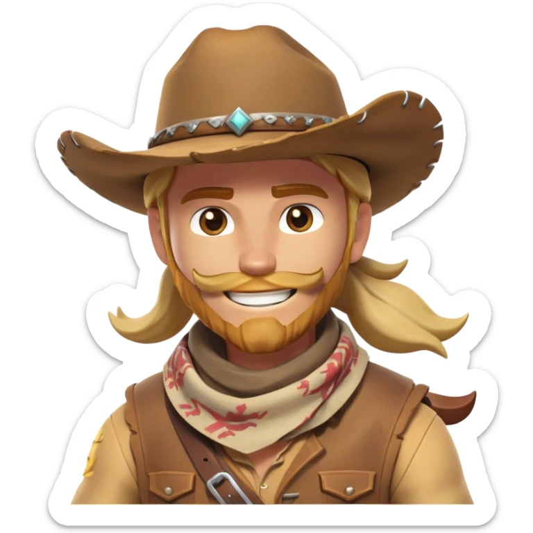 clash-of-clans-aesthetic_-cinematic-playful-cowboy-portrait-emoji, head-tilted with a roguish, cheeky grin and twinkling eyes, featuring a rugged, spirited build with a wide-brimmed cowboy hat and a weathered bandana on tan skin, riding a powerful galloping horse with dynamic flowing mane, reins gripped firmly in one hand and a lasso in the other, as dust swirls behind them in a vast desert landscape. sticker