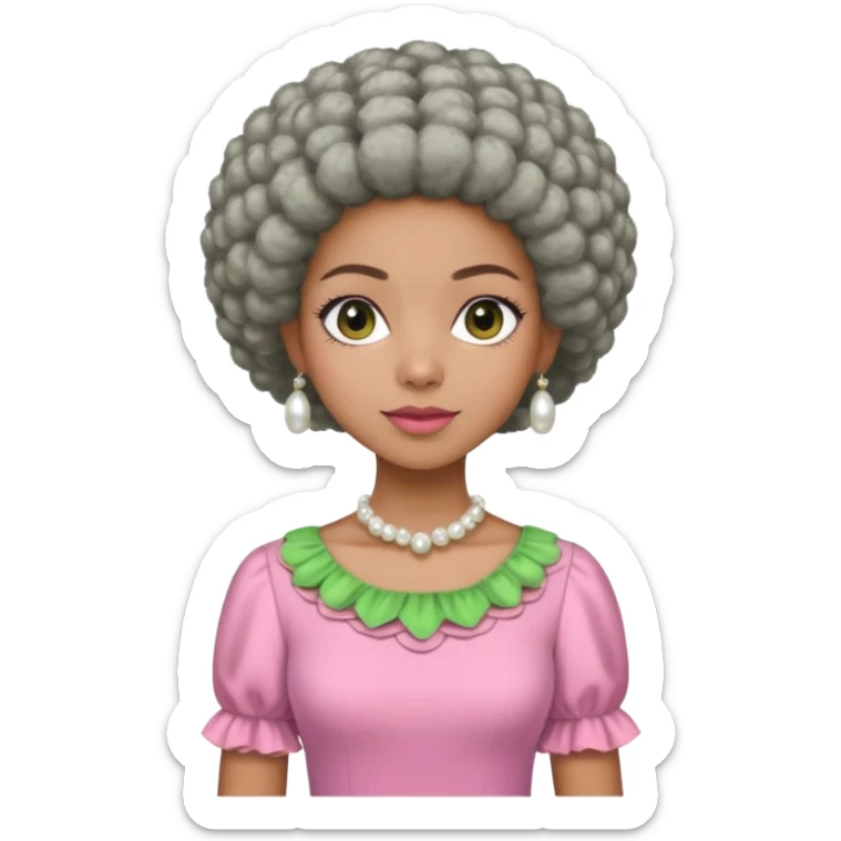 Pretty Brown woman with a very very short stylish gray Afro  wearing pink and green dress  and pearl blouse with sleeves sticker