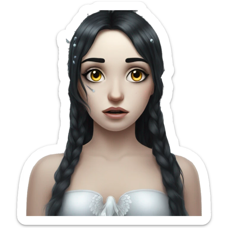 Crying eyes water woman tearing eyes pale skin black hair on the floor magical woman with angel wings  sticker