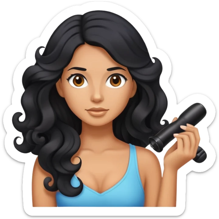 tanned woman with long black hair curling her hair, getting ready sticker