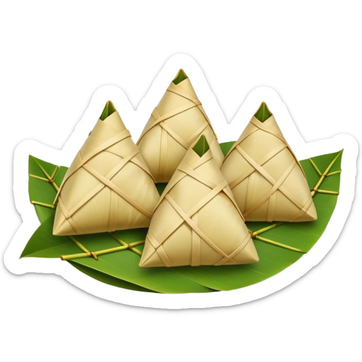 Dragon Boat Festival rice dumplings Zongzi wrapped in bamboo leaves, simplified emoji style with bold outlines and bright colors, cartoon style traditional pyramid-shaped food sticker