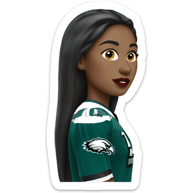 White female long dark hair red lips wearing Philadelphia Eagles jersey sticker