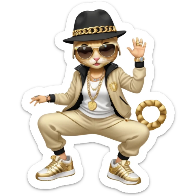 female cat wearing Run DMC hip-hop outfit with tracksuit, fedora, Adidas sneakers, dark sunglasses, many gold chains and bling accessories, break dancing sticker