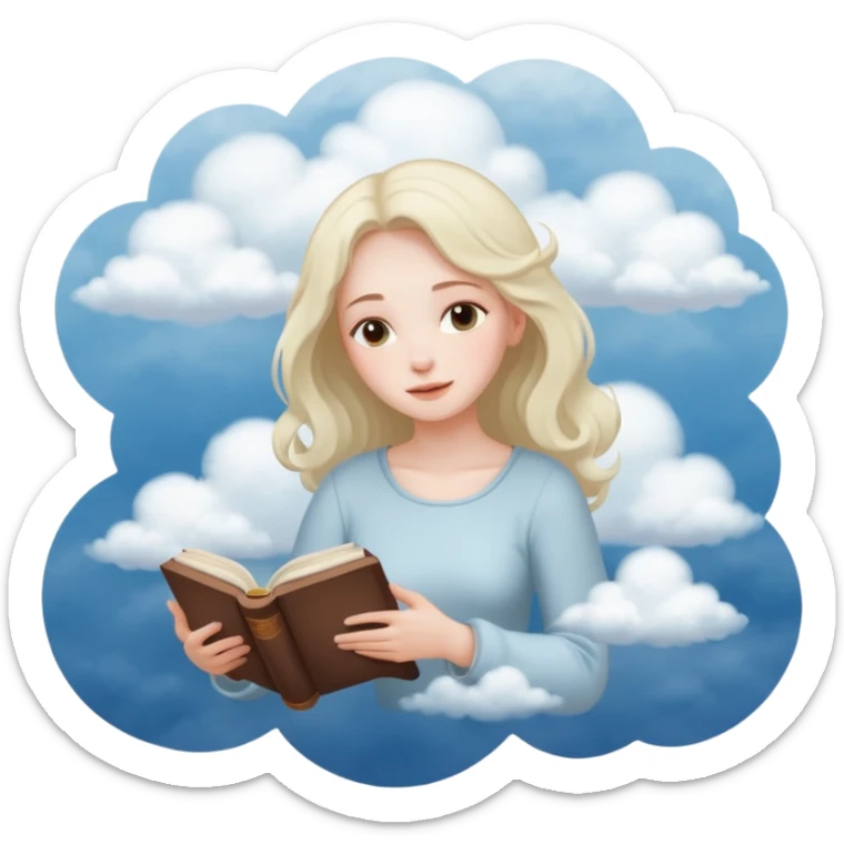 Dreamy, kind, empathetic — like they’re not fully grounded. woman flying in the clouds with a book sticker
