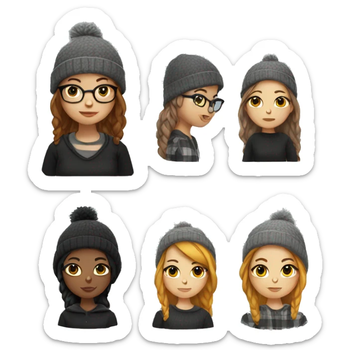 hipster girl with a grey beanie, a black dress, and a flannel sweater sticker