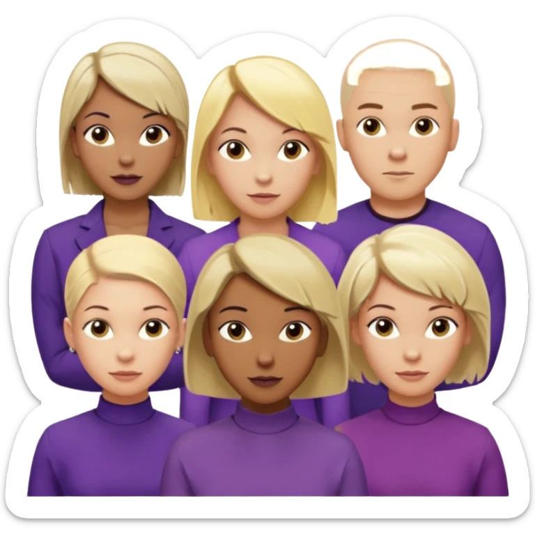 5 person team; 2 men and 3 women.  All dressed in yellow or purple.  1 caucasian woman with blonde mid length hair. 1 caucasian woman with blonde short length hair. 1 caucasian woman has ash blonde hair tied up. 1 man is African-american and bald, 1 man is caucasian and very little hair left.  
 sticker