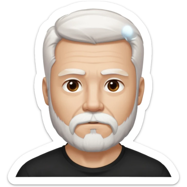White haired muscled adult man with a black t-shirt. He has white beard and a long goatee. Dark brown eyes. Strong neck. Attractive. sticker