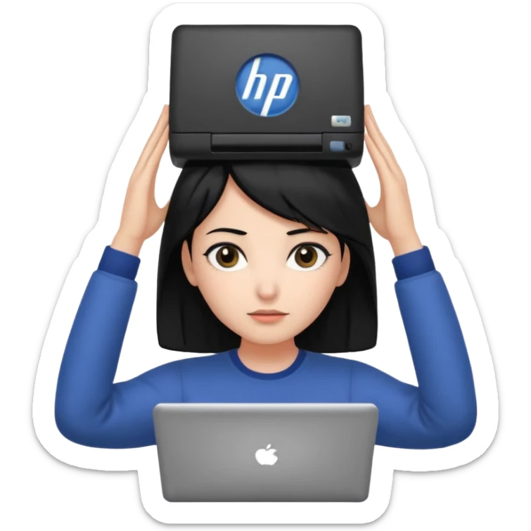 A girl is in front of an HP computer, holding it to her head, and her hair is black. sticker