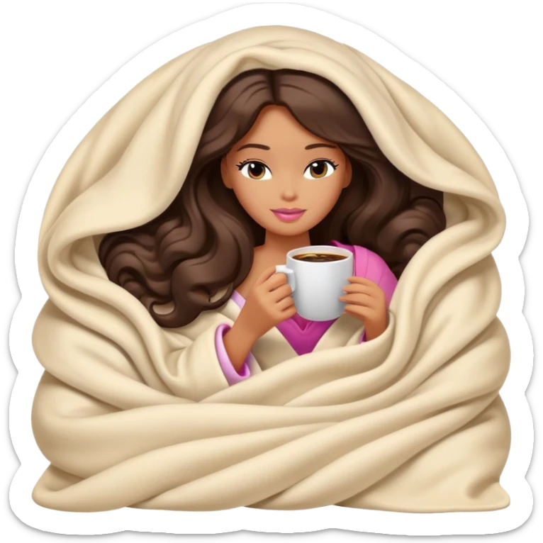 Barbie girl with a long wavy dark brown hair inside a cream blanket sipping coffee eyes closed sticker
