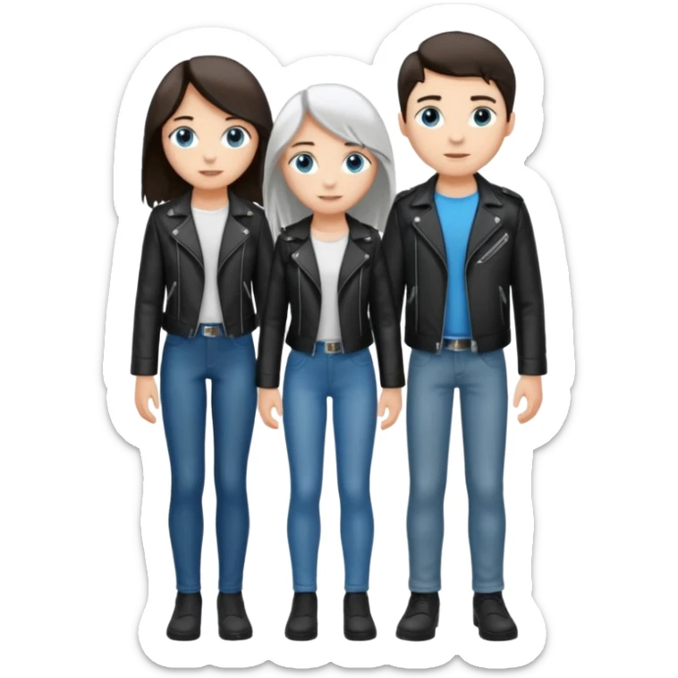 full-length couple, girl with long silver hair and blue eyes in black leather jacket, boy with dark brown hair in white shirt sticker