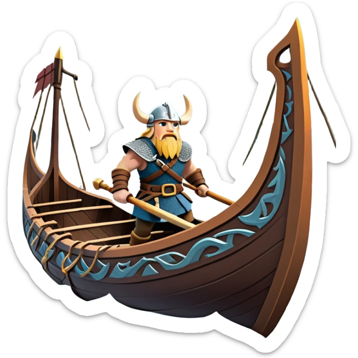 clash-of-clans-aesthetic_-cinematic-viking-longboat, rendered in a flat, bold vector style with minimal shading, featuring a striking dragon-headed prow slicing through icy, churning waters. shields on the side and vikings rowing The longboat’s intricately detailed shields and carved motifs evoke a sense of epic adventure and Nordic might, with billowing sails catching a dramatic, stormy sky backdrop. sticker