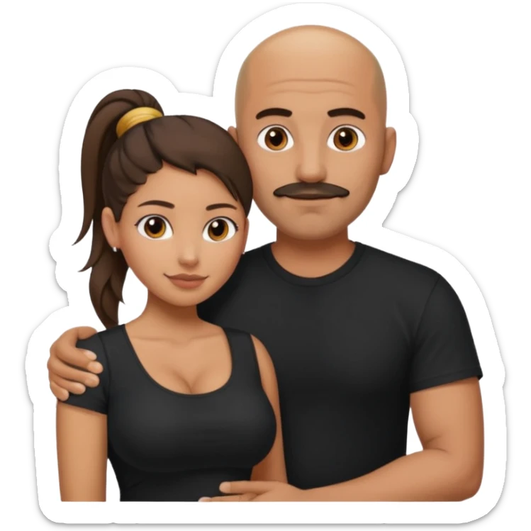 A picture of a tanned couple with the man's arm around the woman. the man is a Mexican man with tanned skin, a bald hair cut, short beard and wearing a black shirt. the woman is mixed, with curly hair in a pony tail, with big boobs  sticker
