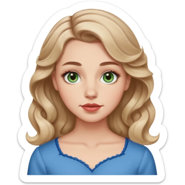 Generate an emoji of a white girl with a round face structure, light brown almost blonde loose curls, large forehead, brown arched brows, almond big green eyes with a lil blue in them, large rosy cheekbones and big rosy lips and a jawline sticker