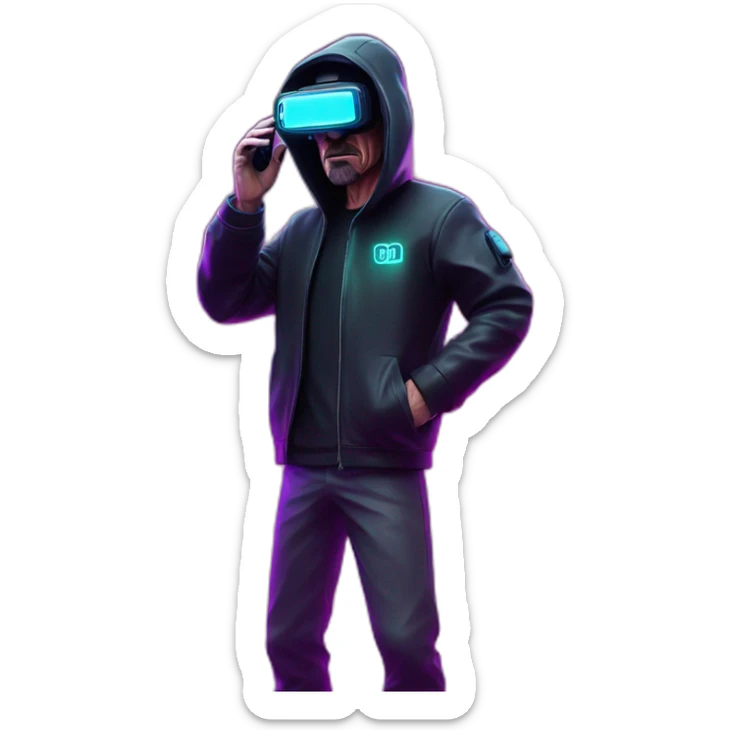 Walter White wearing a black hoodie with "OMG" letters on it and VR headset in a cyberpunk VR environment with violet neon lighting. sticker