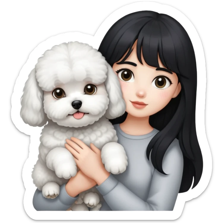 A girl with long black hair and airy bangs, fair skin, holding a gray Bichon Frise with white fur on its chest. sticker