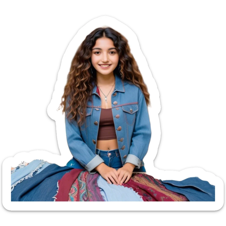 A young 25-year-old Latina entrepreneur with long, wavy hair, brown eyes full of passion, and a friendly smile. She wears recycled boho-style clothing, with an intervened denim jacket and eco-friendly accessories. He is in a textile recycling workshop surrounded by reused fabrics, mannequins and sewing machines. The lighting is warm and inviting, with sustainable fashion sketches on the walls. Sofía is designing a unique garment, transmitting creativity and determination sticker