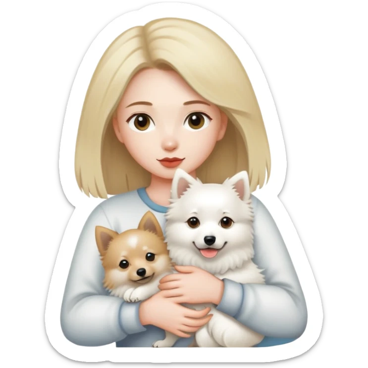 dark blonde girl with a pale skin holds a Japanese spitz dog in her arms sticker