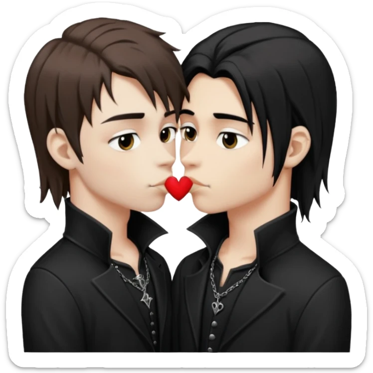 Goth Boys, one goth boy pale with brown hair the other a goth boy tan with long black hair, kissing sticker